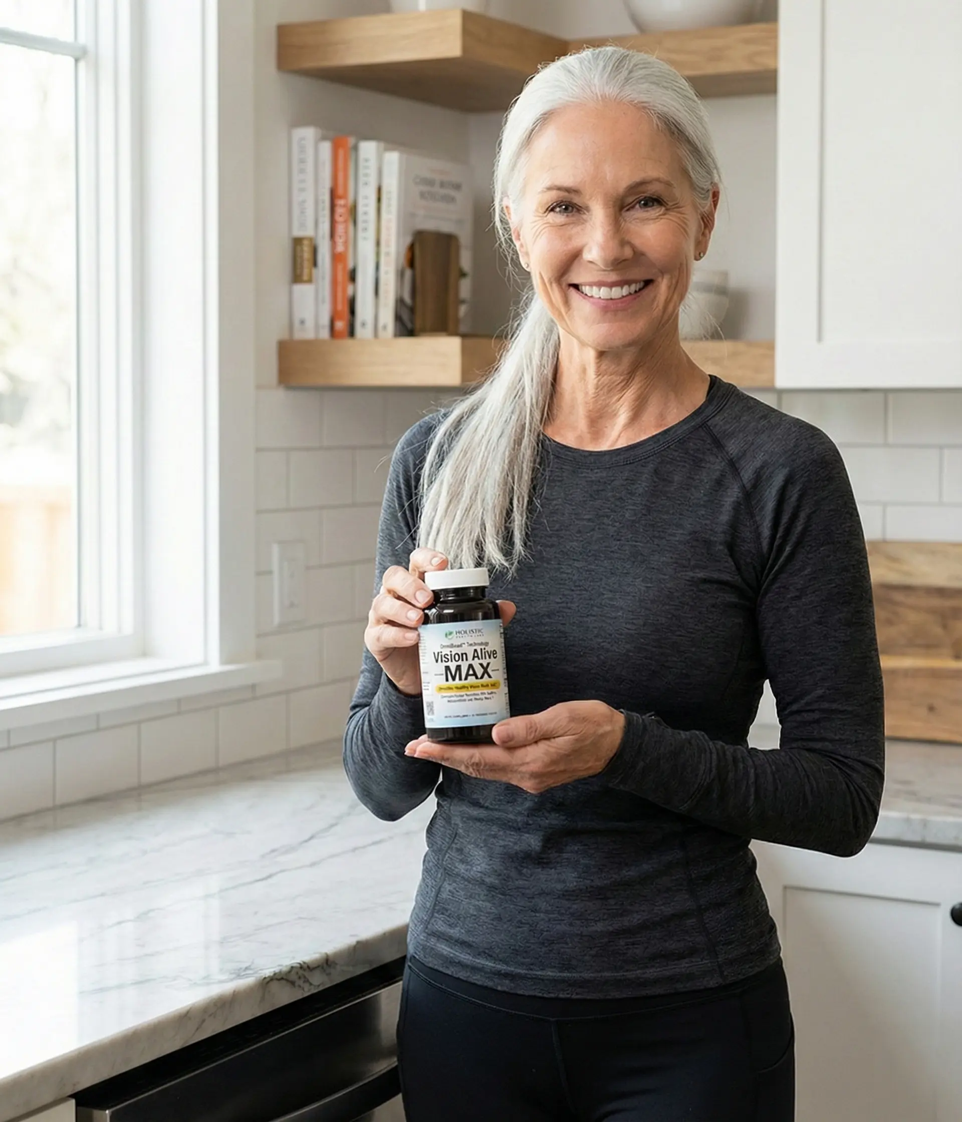 Happy customer using Vision Alive Max eye supplement