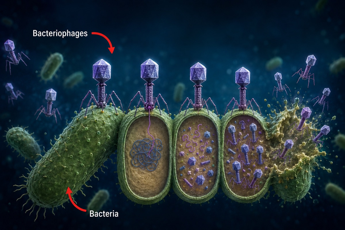 Bacteriophages attacking and destroying bacteria