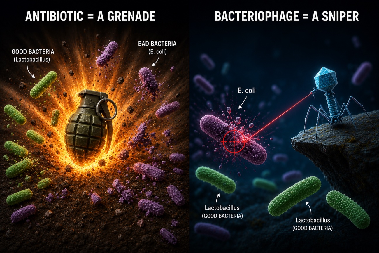 Antibiotic = a grenade that kills all bacteria; bacteriophage = a sniper that kills only E. coli