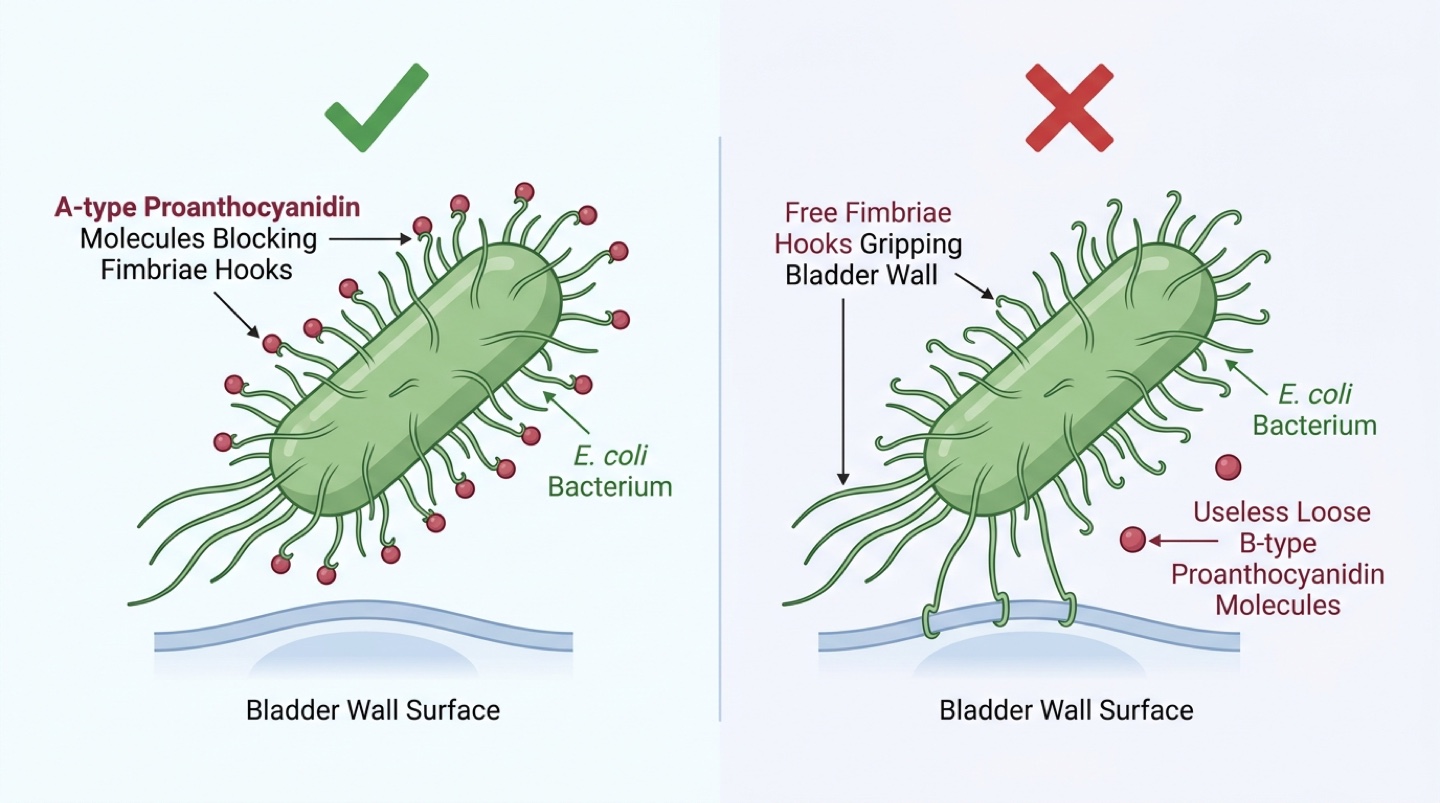 A-type PACs cap E. coli FimH hooks so it cannot grip; B-type PACs drift uselessly